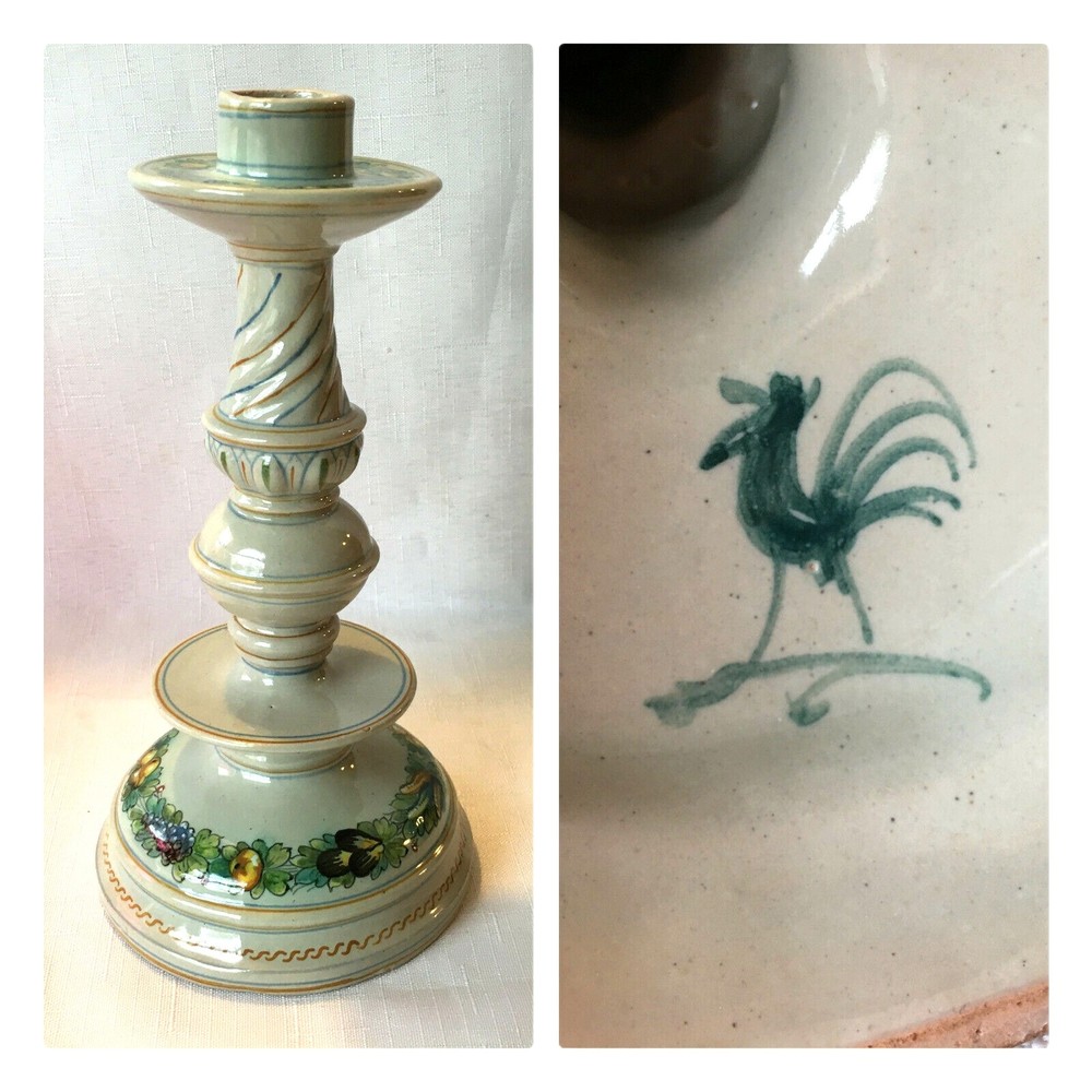 Majolica Italian CANTAGALLI Pottery Lamp Base Candle Stick Rooster Mark Antique